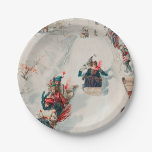 Assiettes En Carton "Tobogganing", Chromolithographie, Louis Prang & C