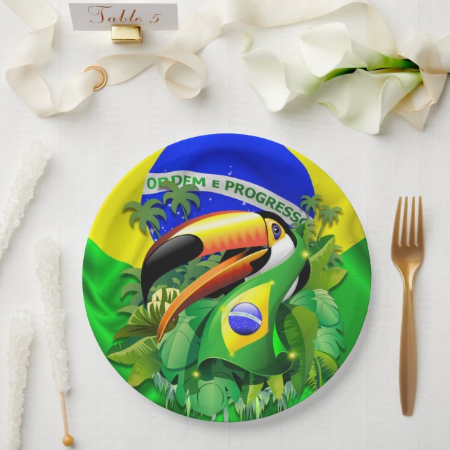 Assiettes En Carton Toco Toucan avec drapeau brésilien (Mariage)