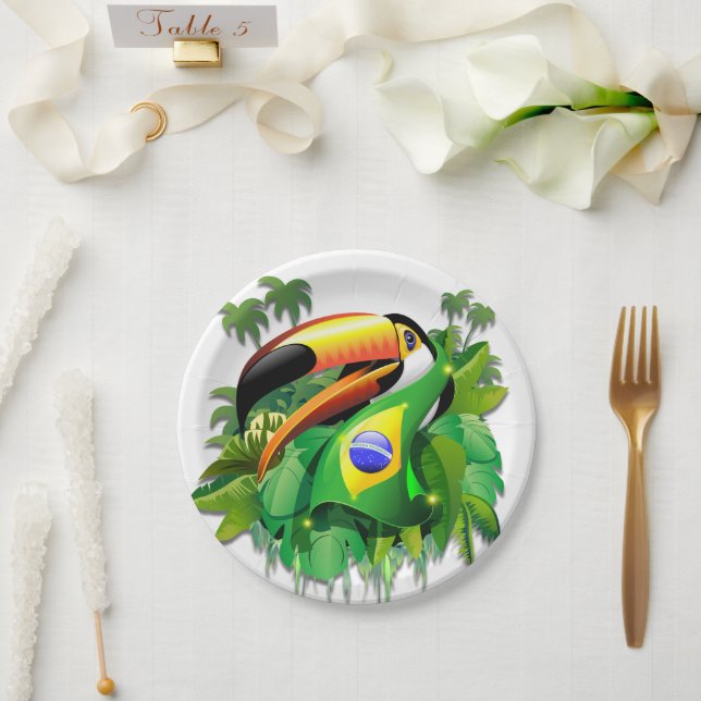 Assiettes En Carton Toco Toucan avec drapeau brésilien (Mariage)