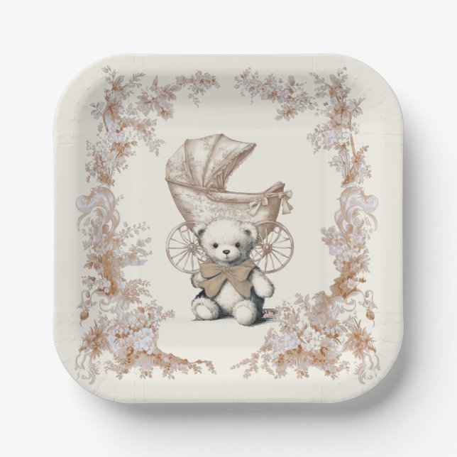 Assiettes En Carton Toile Brown Teddy Bear Baby shower de transport (Recto)