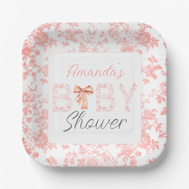 Assiettes En Carton Toile de Bow rose de Jouy Baby shower floral (Recto)