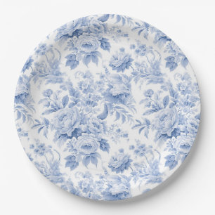 Assiettes En Carton toile de fleurs bleue française