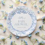 Assiettes En Carton Toile de Jouy Baby shower bleu Safari Animaux<br><div class="desc">Cet article allie élégance classique et charme fantaisie. Le design présente un délicat motif de toile de Jouy en bleu bébé doux, présentant des animaux safari de style vintage comme des éléphants, des girafes nichés au milieu de détails fleuris et verdoyants. Les lignes complexes et la palette de couleurs douces...</div>