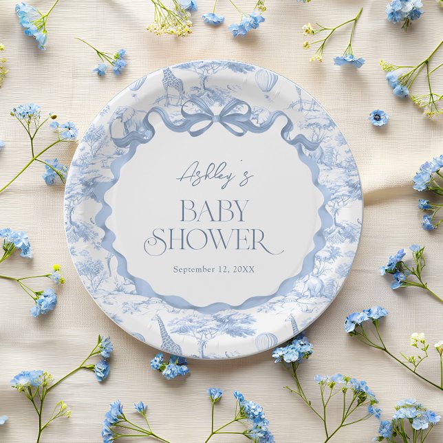 Assiettes En Carton Toile de Jouy Baby shower bleu Safari Animaux (Créateur téléchargé)