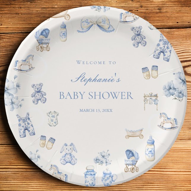 Assiettes En Carton Toile De Jouy Baby Shower Blue Bow Boy (Toile De Jouy Baby Shower Blue Bow Boy Paper Plates)