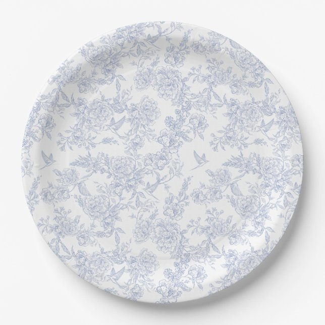 Assiettes En Carton Toile de Jouy bleue florale élégante (Devant)
