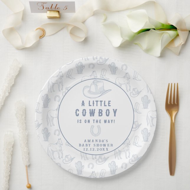 Assiettes En Carton Toile de Jouy Blue Cowboy Baby shower occidental (Mariage)