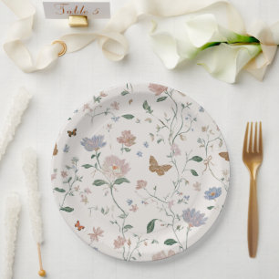Assiettes En Carton Toile-De-Jouy Élégante de Fleur Sauvage et Papillo