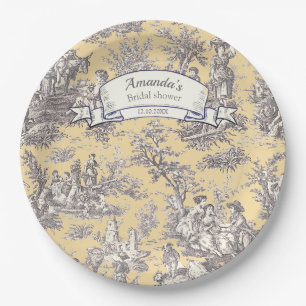 Assiettes En Carton Toile de Jouy florale jaune grise vintage