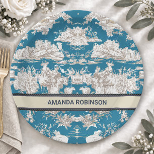 Assiettes En Carton Toile de Jouy monogramme bleu turquoise vintage