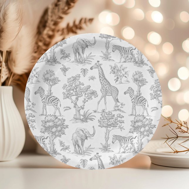 Assiettes En Carton Toile de Jouy Safari animaux Baby shower gris (Créateur téléchargé)