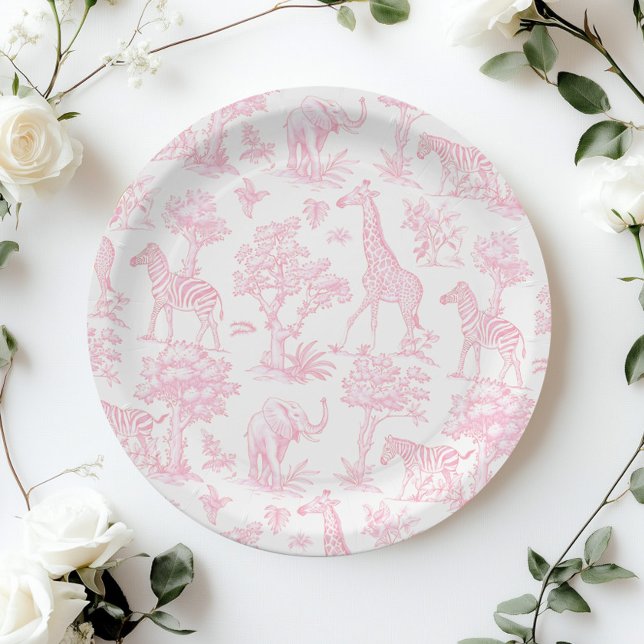 Assiettes En Carton Toile de Jouy Safari animaux Baby shower rose (Créateur téléchargé)