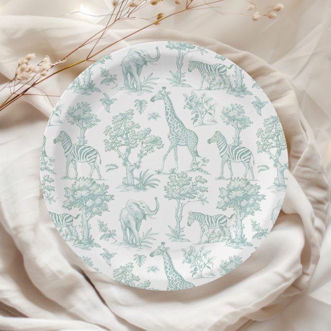 Assiettes En Carton Toile de Jouy Safari animaux Baby shower vert (Créateur téléchargé)
