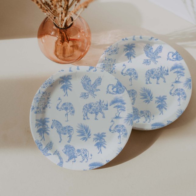 Assiettes En Carton Toile De Jouy Safari Blanc Et Bleu (Créateur téléchargé)