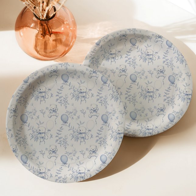 Assiettes En Carton Toile De Jouy Teddy Bear Dusty Baby shower Bleu (Créateur téléchargé)