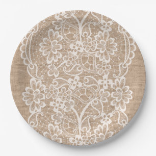 Assiettes En Carton Toile de jute et plaque à papier de dentelle