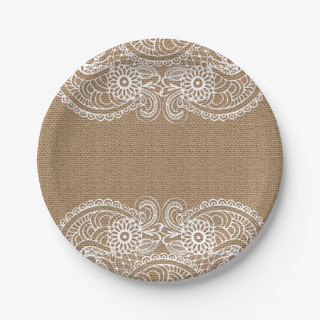 Assiettes En Carton Toile de jute et plaque à papier de dentelle (Devant)