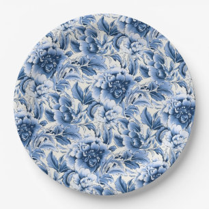 Assiettes En Carton Toile française & toile de Jouy. Bleu.