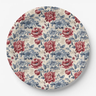 Assiettes En Carton Toile française & Toile de Jouy roses bleues et ro