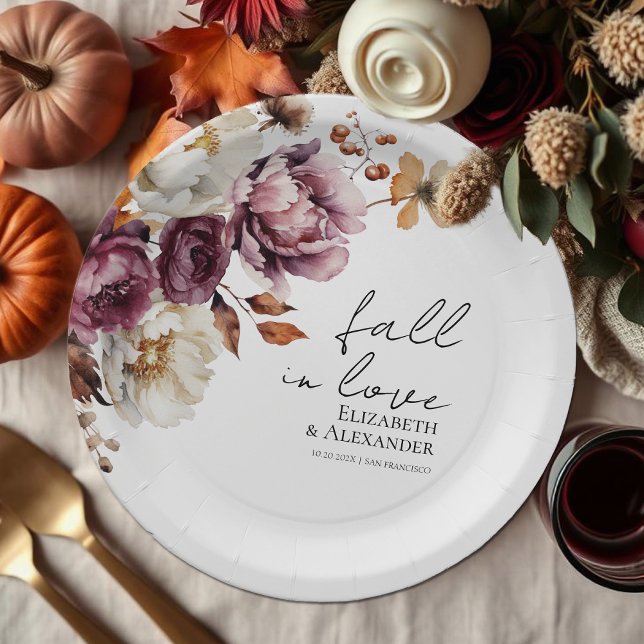Assiettes En Carton tomber amoureux | Mariage d'automne floral de Bour (Créateur téléchargé)