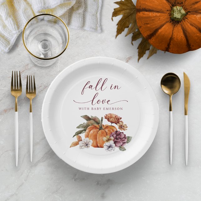 Assiettes En Carton Tomber dans le Baby shower de l'amour (Fall In Love With Baby Paper Plate Decor Baby Shower Fall Autumn Watercolor Pumpkin Floral)