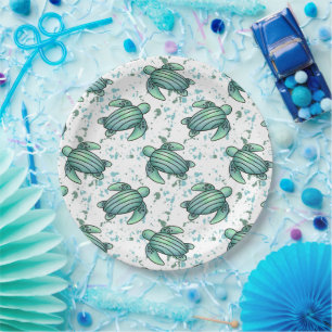 Assiettes En Carton tortue de mer aquarelle verte motif bleu animal