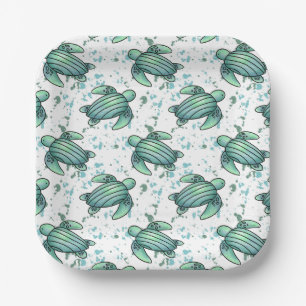 Assiettes En Carton tortue de mer aquarelle verte motif bleu animal