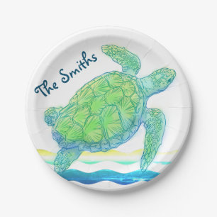Assiettes En Carton Tortue de mer bleue et verte