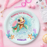 Assiettes En Carton Tortue de mer mignonne pour le premier anniversair<br><div class="desc">Plaques en papier pour fille 1er et n'importe quel anniversaire avec la jolie tortue de mer. Design coloré pour l'anniversaire d'été. Personnalisez facilement le texte. Visitez le magasin pour la gamme complète des produits disponibles :) - Kate Eden Art</div>