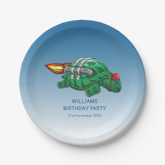Assiettes En Carton Tortue Fusée Rapide Anniversaire (Devant)