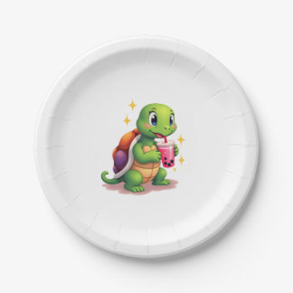 Assiettes En Carton Tortue mignonne buvant du boba. Drôles de tortues 
