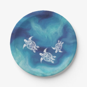 Assiettes En Carton Tortues blanches dans l'océan bleu aquarelle côtiè