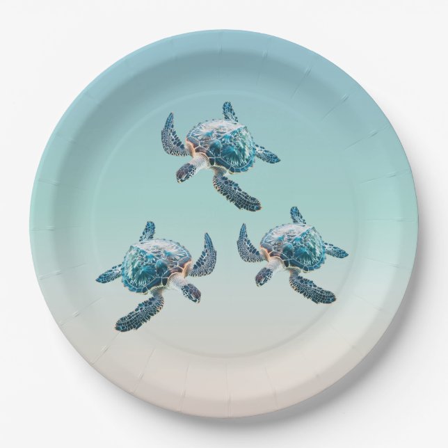 Assiettes En Carton Tortues de mer 3D Océan Thème (Devant)