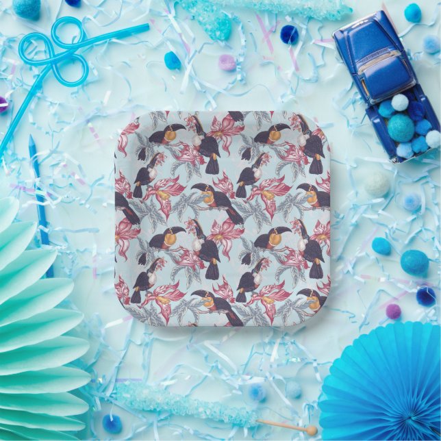 Assiettes En Carton Toucans Avec Fleurs Exotiques (Fête)