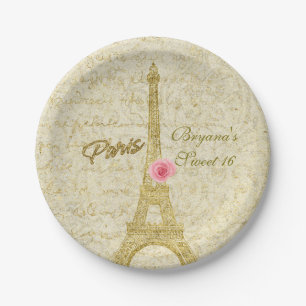 Assiettes En Carton Tour Eiffel de Paris Gold & Pink Glamour Party