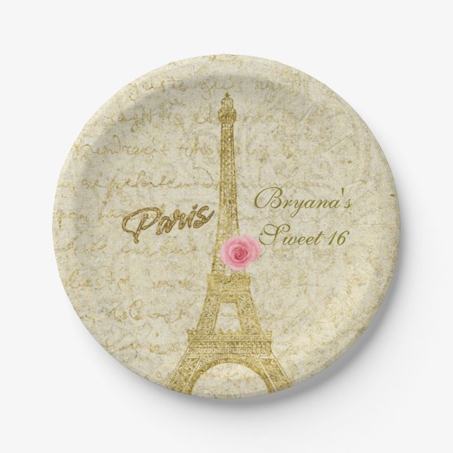 Assiettes En Carton Tour Eiffel de Paris Gold & Pink Glamour Party (Devant)