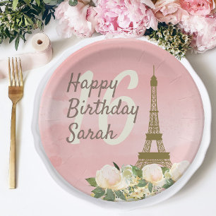 Assiettes En Carton Tour Eiffel Rose Or Douce 16 Anniversaire