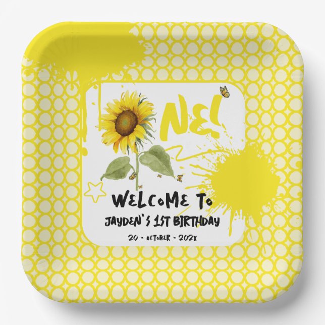 Assiettes En Carton Tournesol aquarelle avec papillons 1er anniversair (Recto)