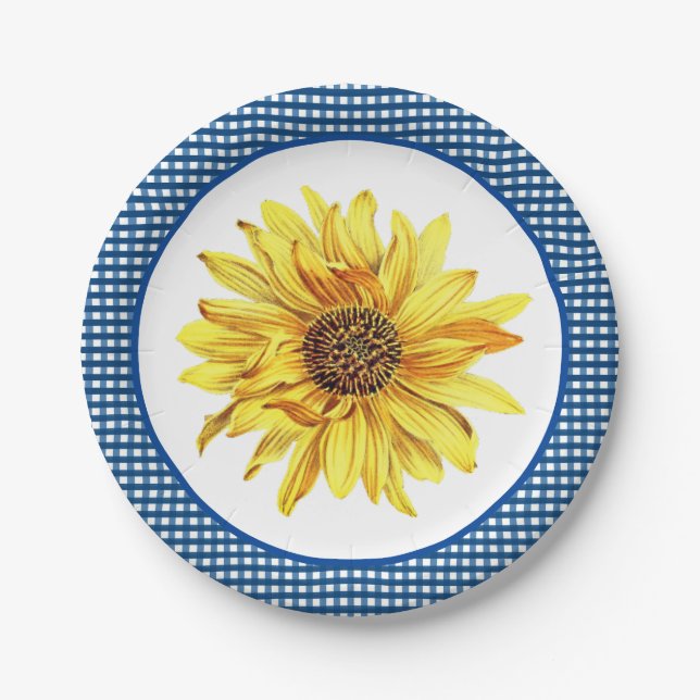 Assiettes En Carton Tournesol avec bordure à carreaux bleus / Style ca (Devant)
