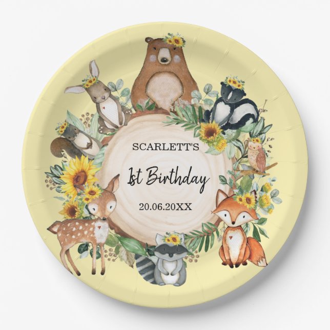 Assiettes En Carton Tournesol Bois Forêt Animaux Bébé Anniversaire (Devant)
