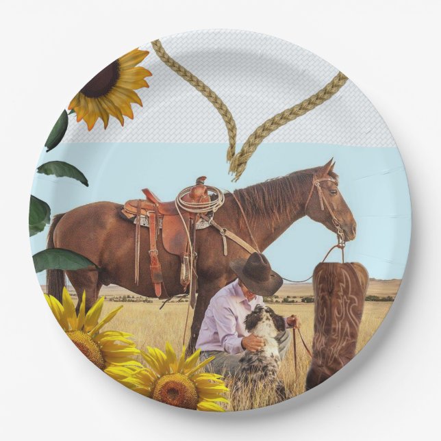 Assiettes En Carton Tournesol Cowboy Horse Plaques en papier (Devant)