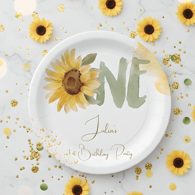 Assiettes En Carton Tournesol d'aquarelle premier anniversaire (Créateur téléchargé)