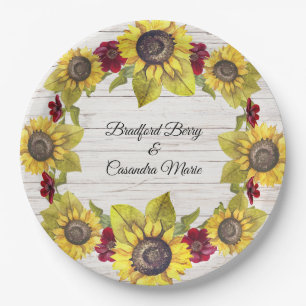 Assiettes En Carton Tournesol de mariée en bois blanc Patiné rustique