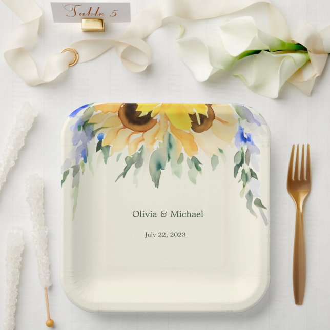 Assiettes En Carton Tournesol Elegant Aquarelle Mariage Plaques de pap (Mariage)