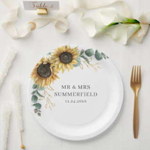 Assiettes En Carton Tournesol Floral Eucalyptus Mariage de verdure