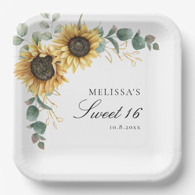 Assiettes En Carton Tournesol floral Eucalyptus Rustic Sweet 16 Party (Recto)