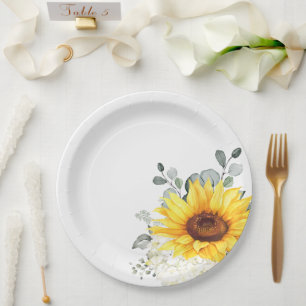 Assiettes En Carton Tournesol ivoire pivoine Floral Eucalyptus Mariage