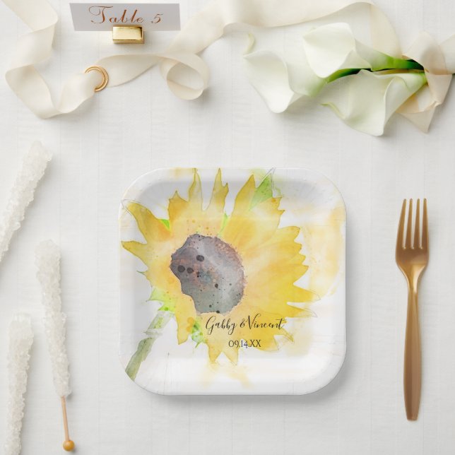 Assiettes En Carton Tournesol jaune sur Mariage d'aquarelle blanche (Mariage)