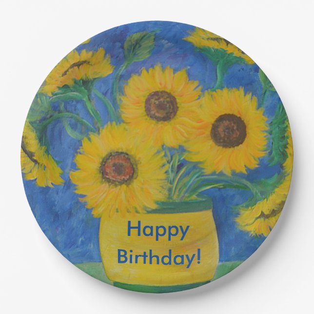 Assiettes En Carton Tournesol renversant de joyeux anniversaire (Devant)