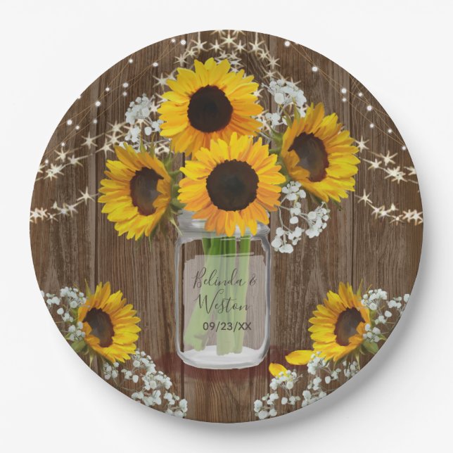 Assiettes En Carton Tournesol rustique et Mariage Mason Jar (Devant)